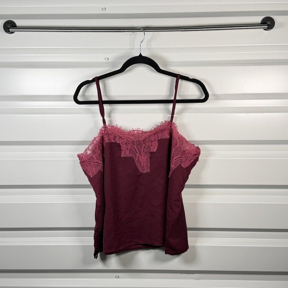 Lulus Burgundy Lace Trim Camisole Top Womens XL Maroon‎ Pink Eyelash Lace V-Neck